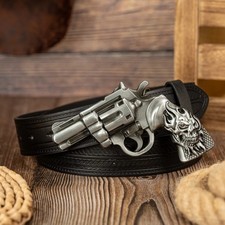 Large Replica Handgun Belt Buckle with Embossed Belt, Revolver/Pistol