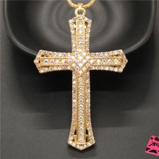 Fashion Women White Cute Prayer Cross Bling Crystal Pendant Chain Necklace