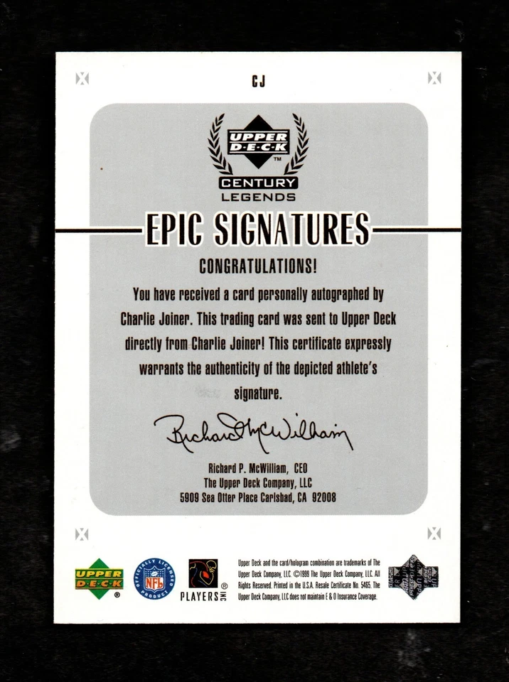 1999 Upper Deck Century Legends Epic Signatures CHARLIE JOINER Chargers NFL HOF - Image 2 of 2