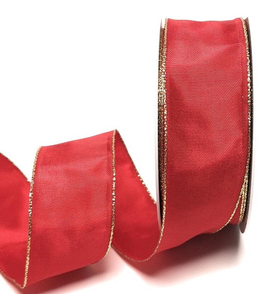 0,32€/M) Schleifenband 25M X 40Mm Rot - Gold Mit Draht Dekoband Geschenkband-image