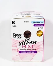L'eggs Silken Mist Pantyhose Ultra Sheer Leg Control Top NUDE Size B 2 pair