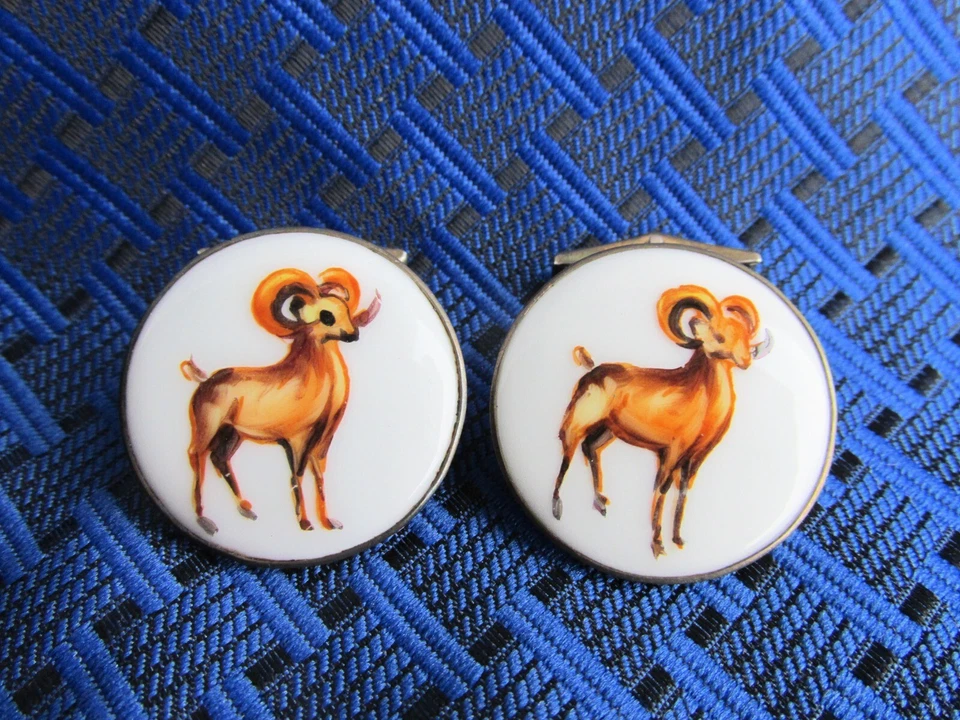 Gemelos Michaud vintage de plata esterlina porcelana pintados a mano carneros Foto 3 de 4