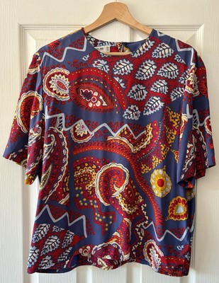 CELINE ROT BLAU PAISLEY PRINT 100% SEIDE BLUSE TOP 46