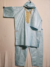 African Clothing Men Brocade 3Pcs Pant Suit Dashiki with Cap Sea Blue Free Size