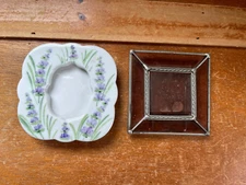 Lot of Mini Purple Art Glass Square & White w Purple Flowers Porcelain Picture