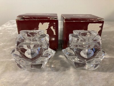 Gorham Full Lead Crystal Candle Holders Set of 2 Rose Petal 2.5'' High w/Box