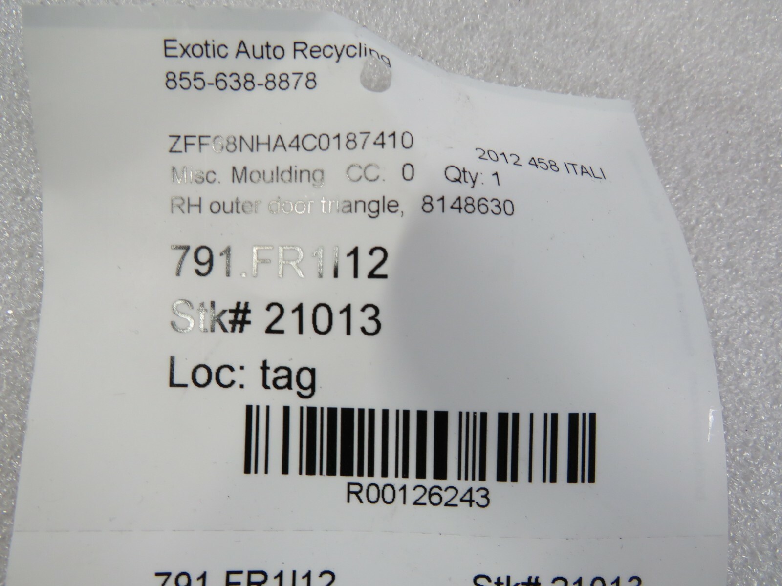Ferrari 458 Italia, Spider, 488, RH, Outer Door Triangle, Used, P/N 8148630