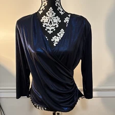 MSK BEADED Metallic Royal Blue V  NECK Drape BLOUSE Large Stunning! New!