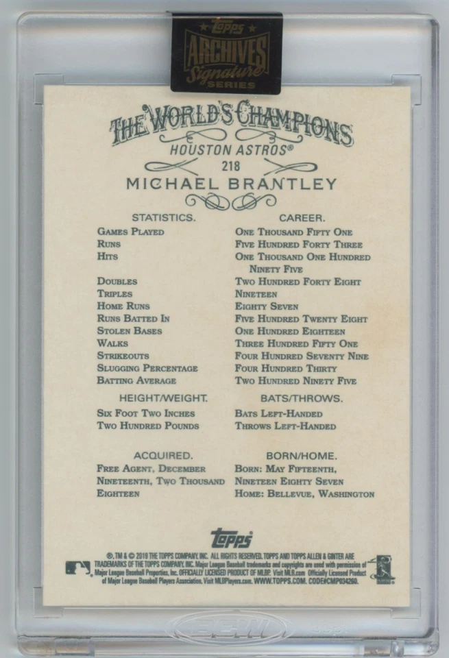 2019 Topps Allen & Ginter глянцевая 1:1 Michael Brantley Houston Astros No218 - Изображение 2 из 2