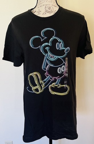Disney Topolino Nero Neon Grafica Contorno T-Shirt Uomo Medium Camicia Nera - Foto 2 di 6