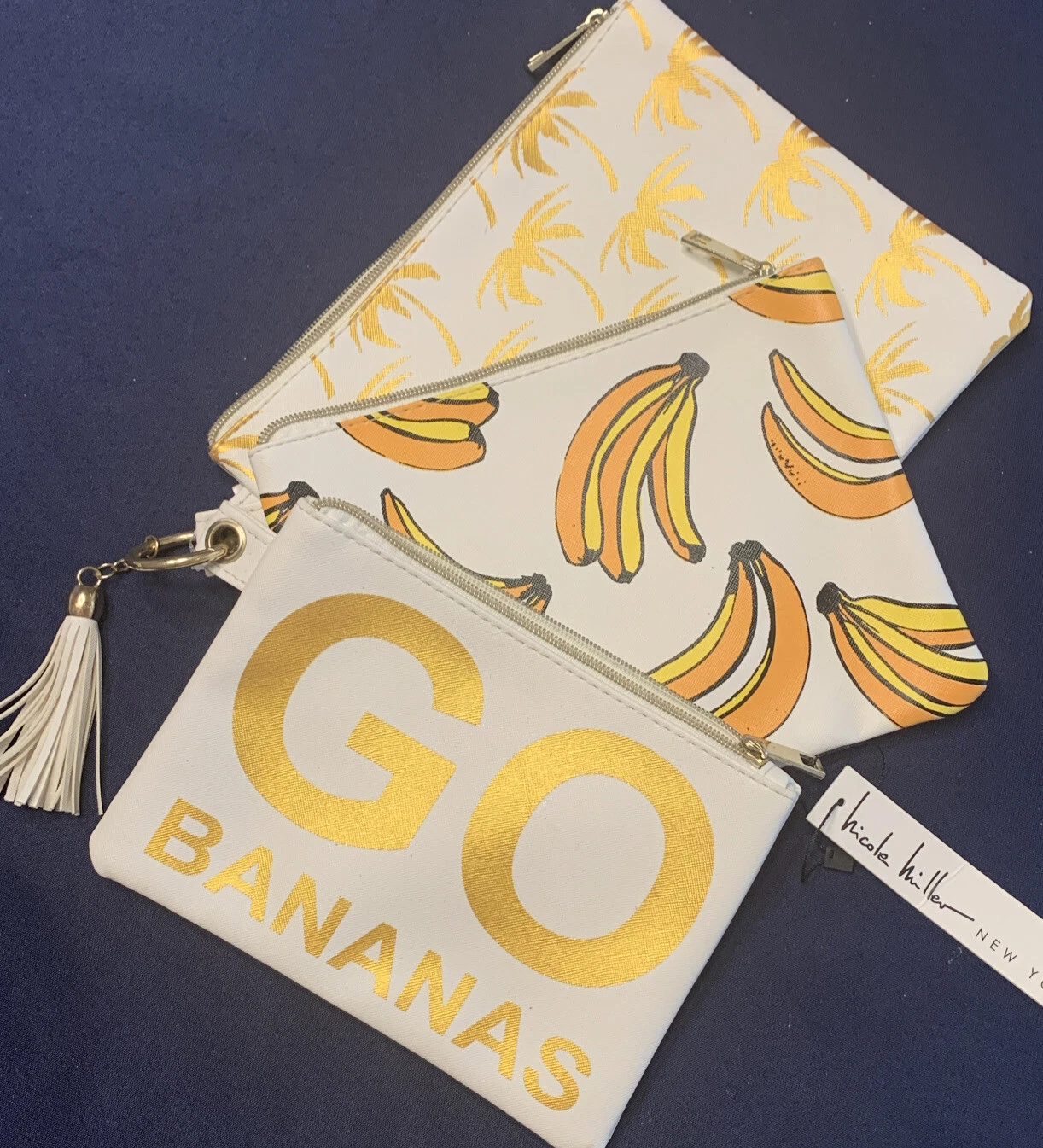 NEW Nicole Miller 3 Pc Cosmetic Bag Set Go Bananas Gold Travel Make Up Organizer