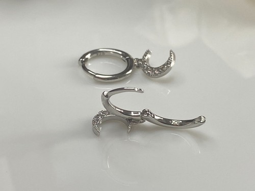 Small Star / Crescent Moon CZ Pendant Huggie Hoop Earrings in 925 Silver ·A197 - Picture 5 of 13