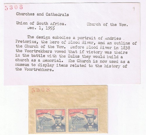 Stamps South Africa 1958 2d Andries Pretorius and Church Flag Pair - 第 2/3 張圖片