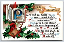 TUCK #104~Peace & Goodwill~HM Burnside Verse~Holly & Harp~Vintage Postcard