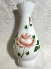 Vintage Opal-White Milk-Glass Beaded-Edge Hurricane-Lamp-Chimney Floral Graphics