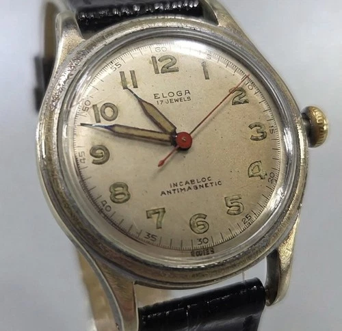 Vintage mid-century Champagne face Eloga 17 jewels Swiss Incabloc pilot's watch