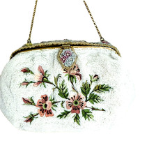 Vintage 1950s French Walborg White Beaded Evening Bag Floral Point de Beauvais