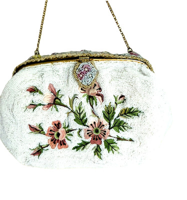 Vintage 1950s French Walborg White Beaded Evening Bag Floral Point de Beauvais