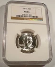 1954 NGC MS66 WASHINGTON QUARTER BRIGHT WHITE COIN 25c SILVER MS 66