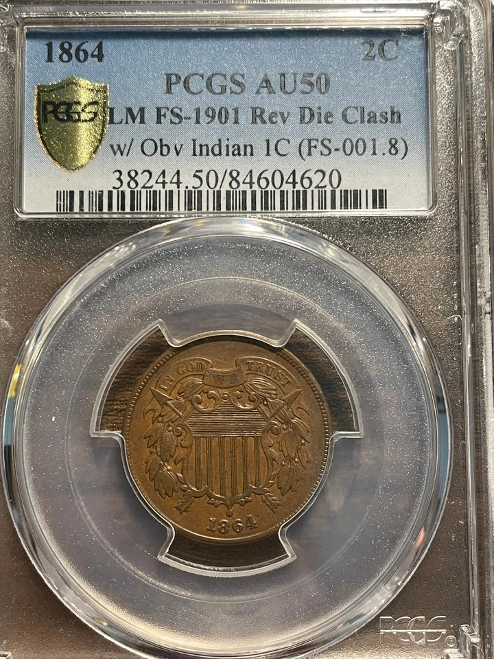 1864-P Two Cent Piece LM FS-1901 Reverse Die Clash w/Obv Indian Cent PCGS AU 50 - Image 3 of 4