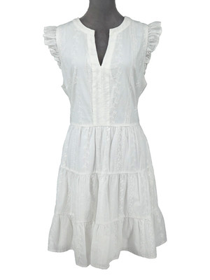 Laundry by Shelli Segal Dress Womens 14 White Cotton Eyelet Lace Ruffle Sleeve