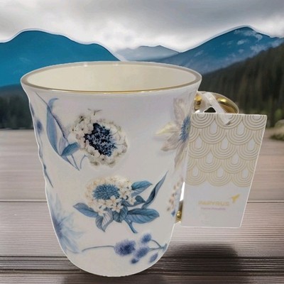 NWT Papyrus Blue Creme 3D Florals Ceramic Mug Gold Trim Embossed Botanical
