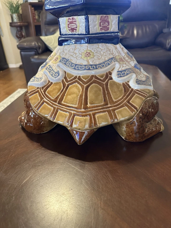 Banqueta decorativa chinesa vintage Hollywood Regency cerâmica jardim tartaruga suporte para plantas - Imagem 4 de 4