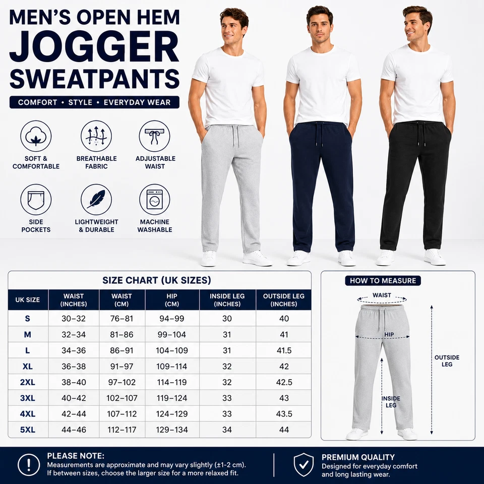 New Mens Open Hem Fleece Joggers Casual Sweatpants Trousers Jogging Bottoms Only - Image 2 of 3