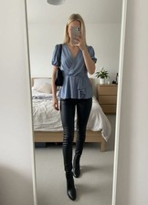 River Island Blue Wrap Peplum Top Size 12 Puff Sleeve Smart Casual