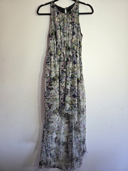 ZARA Size L Multicoloured Floral Sheer Fit & Flare Pleated Hi-Low Maxi Dress