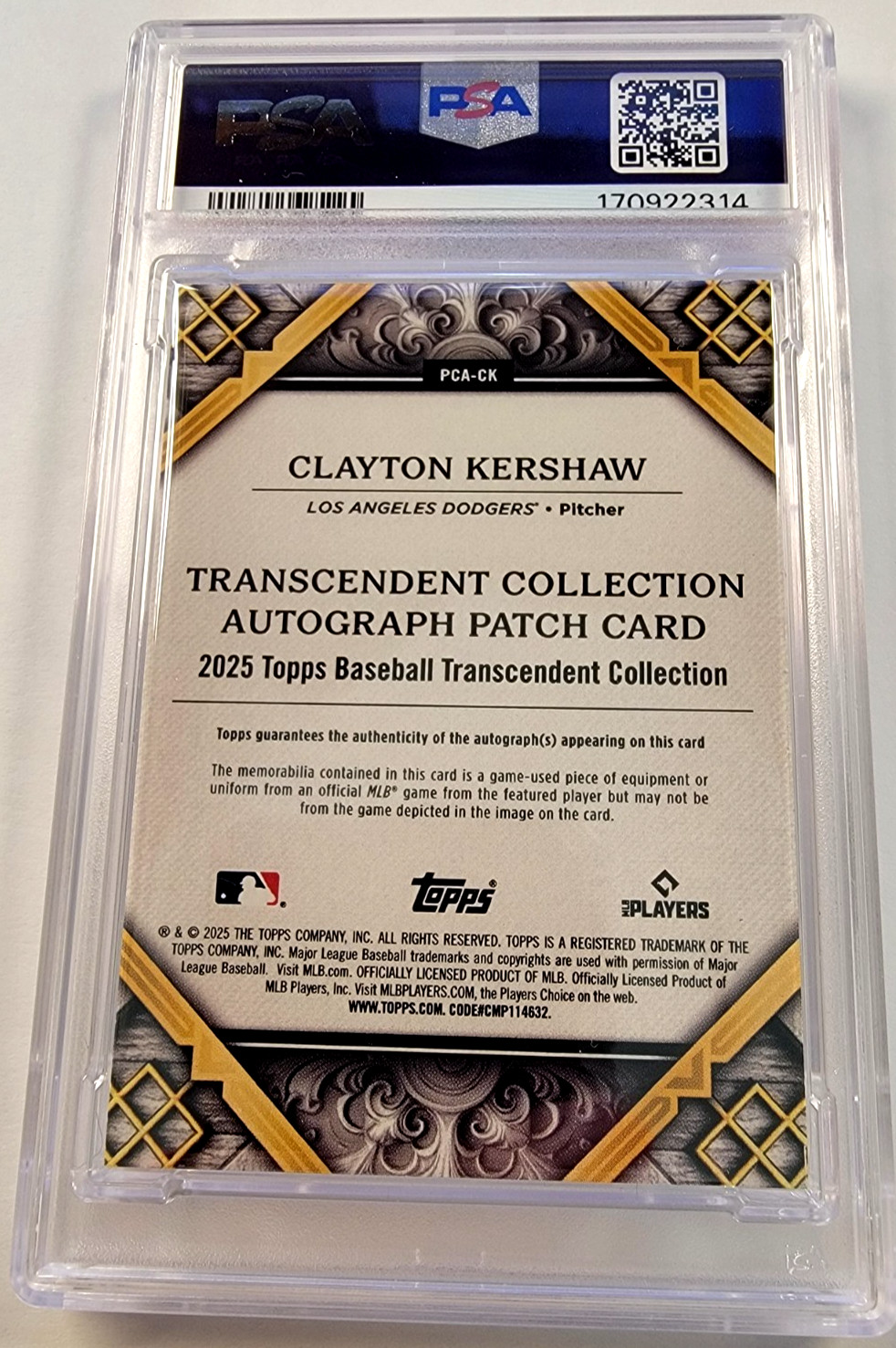 2025 Topps Transcendent Clayton Kershaw Auto/Patch #4/25 - PSA 8 NM-MT view 2
