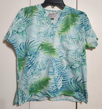 S.C.R.U.B.S. Tropical Palm Leaf Scrub Top Small Blue Green Fern V-Neck Pocket S
