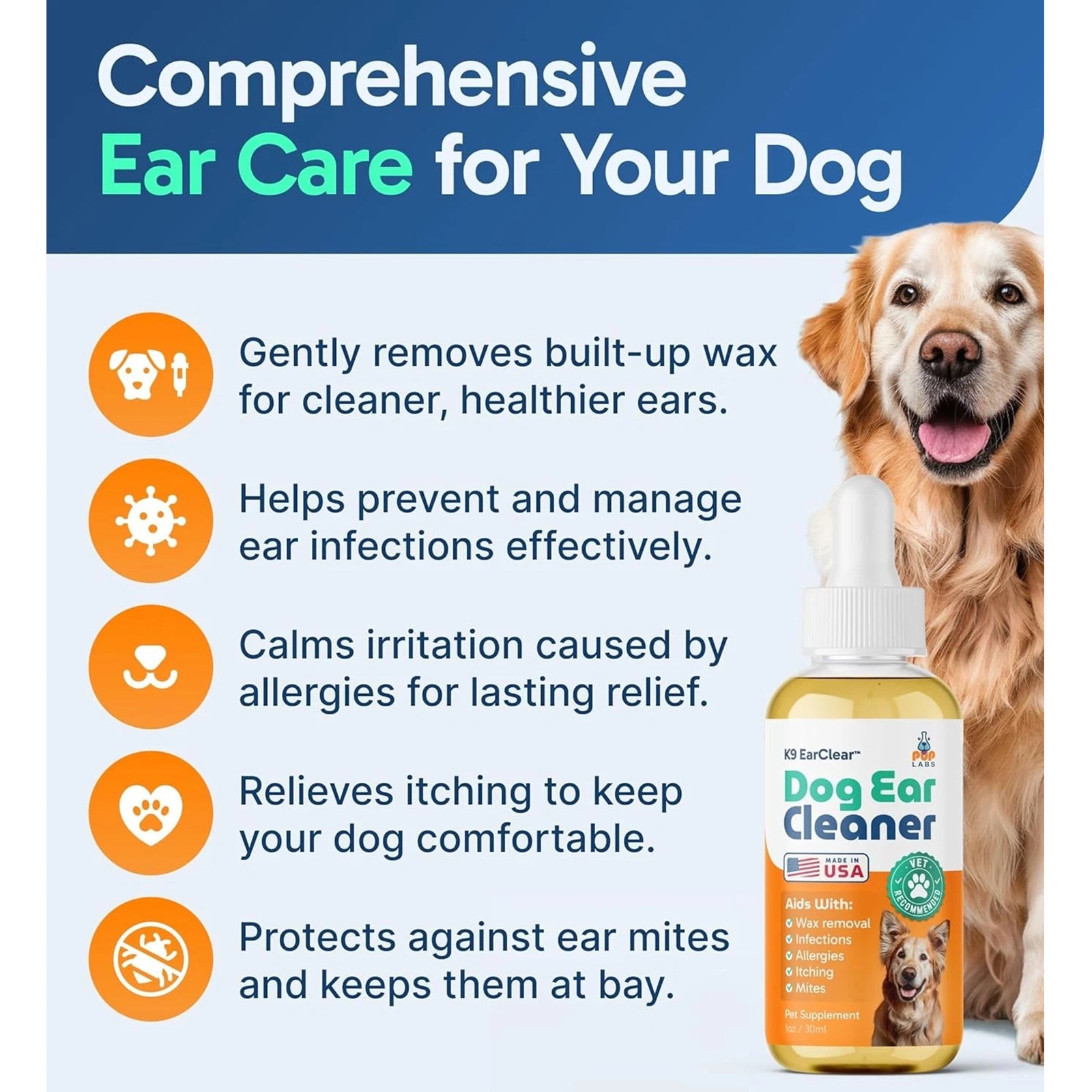 Ear Clear, Natural Dog Ear Cleaner and Infection Treatment for Dogs, Dog Drops