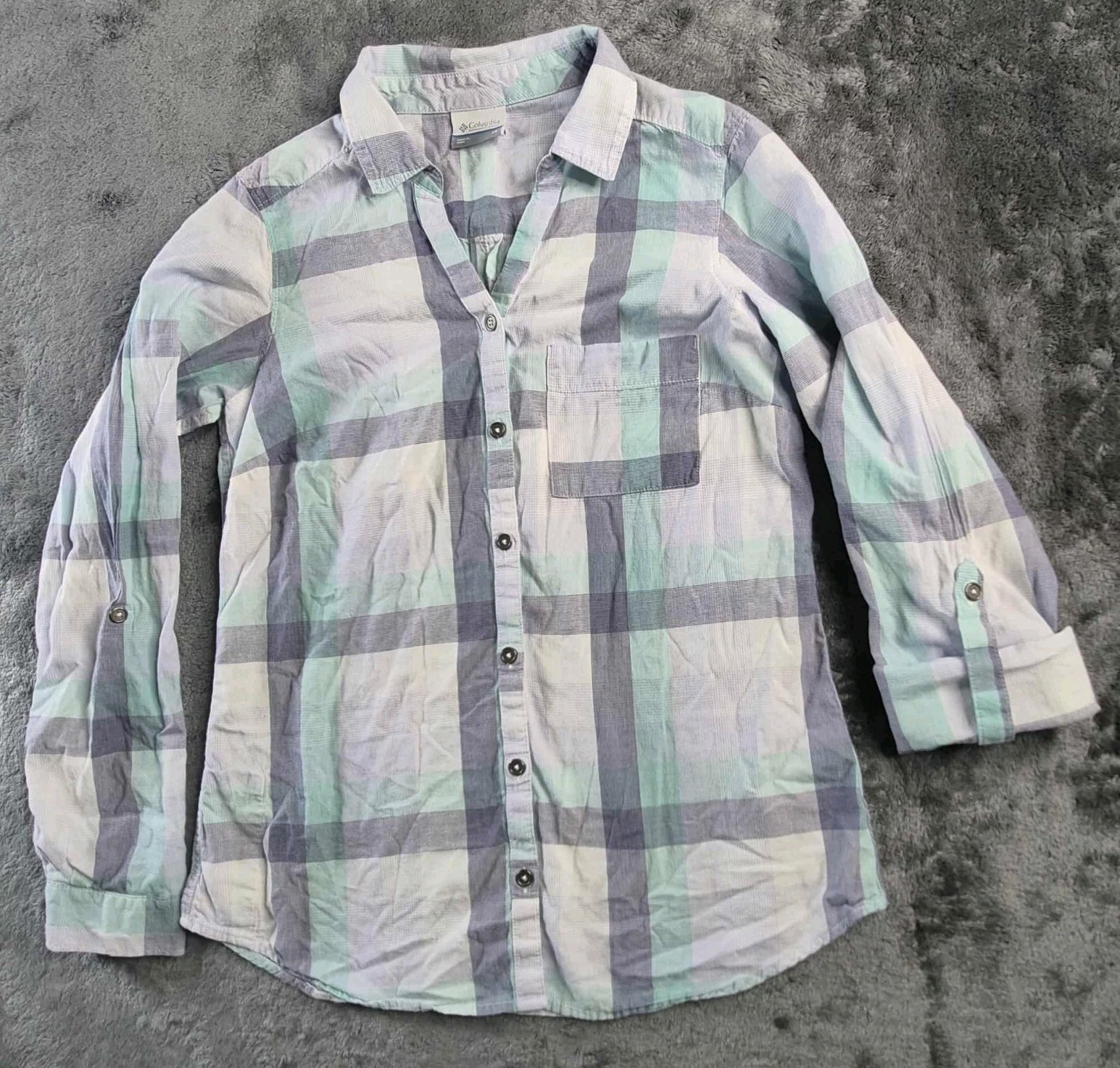 Columbia Shirt Womens Xs Purple Aqua Plaid Cotton Roll Tab Sleeve Button-Up