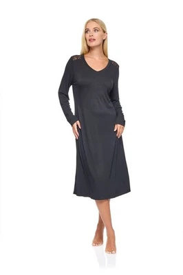 La Marquise Super Soft Bamboo & Lace Long Sleeved Nightdress Ebony (Black)