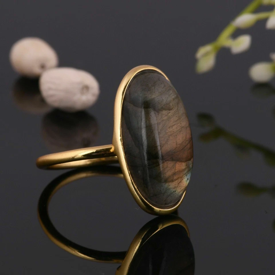 Anel grande de pedra labradorita folheado a ouro 925 anéis joias - Imagem 2 de 4
