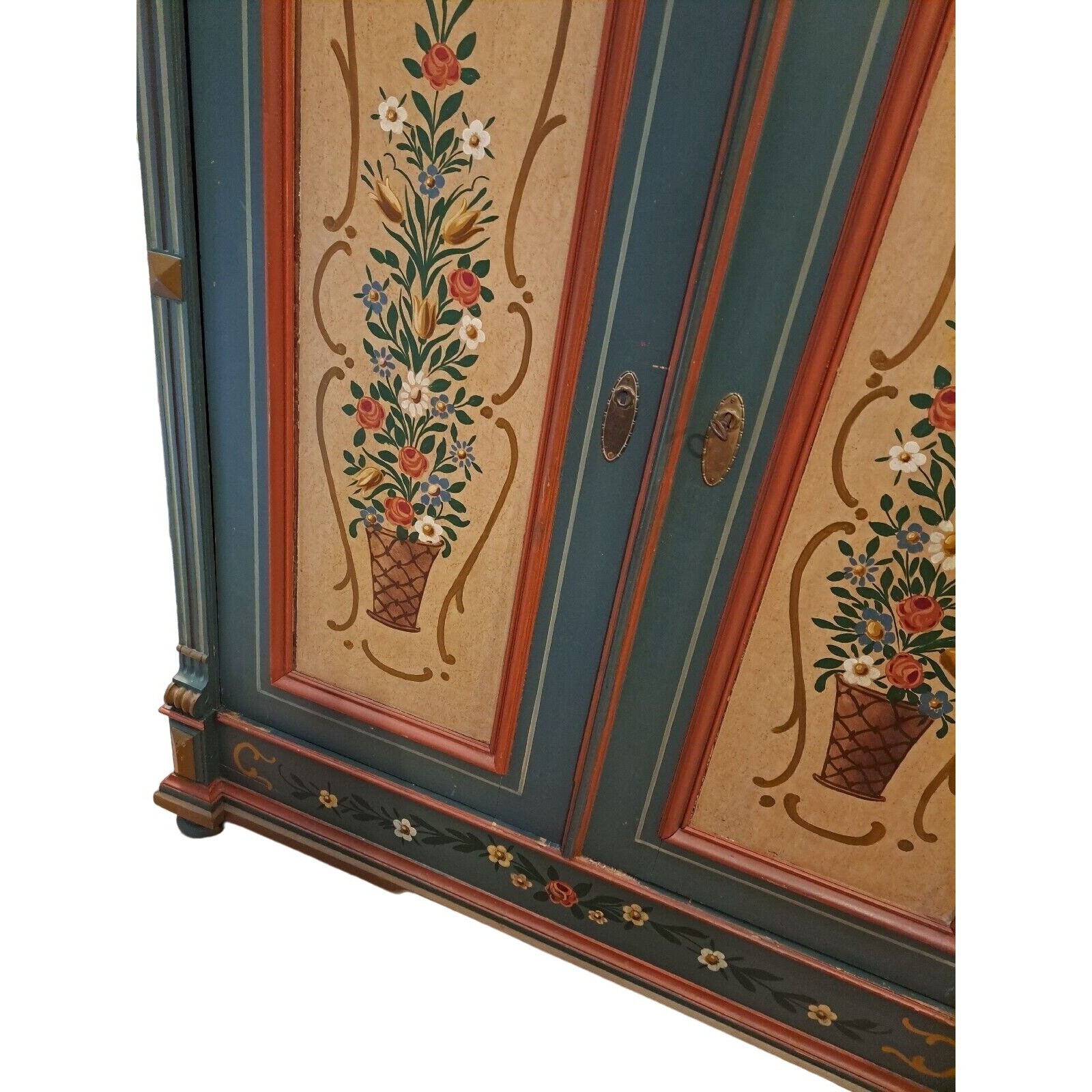 Antique German Pine Handpainted Bedroom Set Wardrobe Bed Hanging Shelf