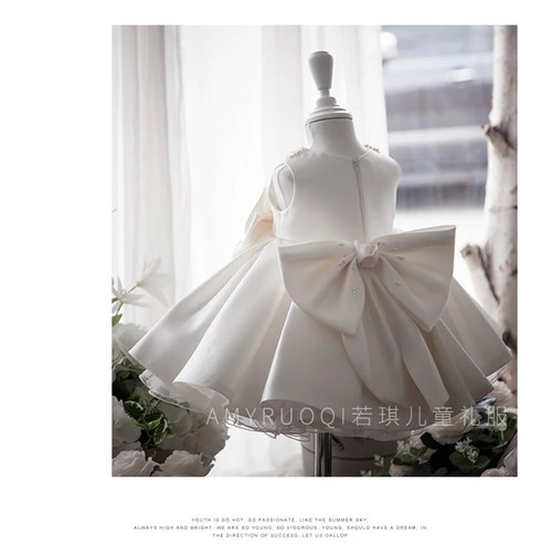 Toddler White Satin Princess Baby Girl Dress Birthday Party Newborn Dress - Picture 12 of 26
