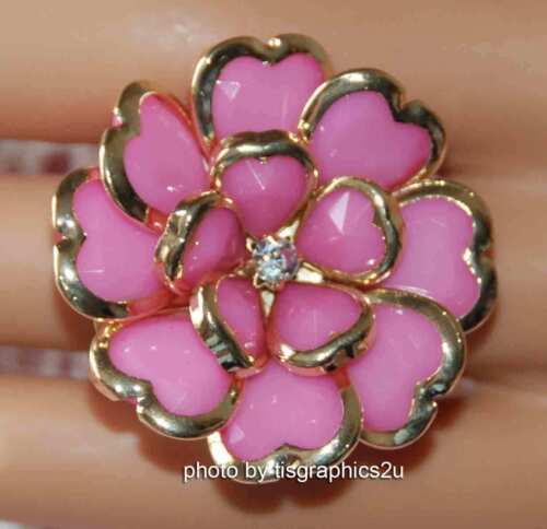 Floral Ring w Heart Shaped Leaves & Crystal Center / Choose Red ~ Pink ~ Purple - Picture 6 of 6