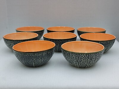 Servette Home Set of 8 Melon Shape Ceramic Bowls 12 oz Embossed Glazed