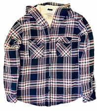 Boston Traders Flannel Sherpa Shacket Womens Sz S Hooded Black Red White Plaid