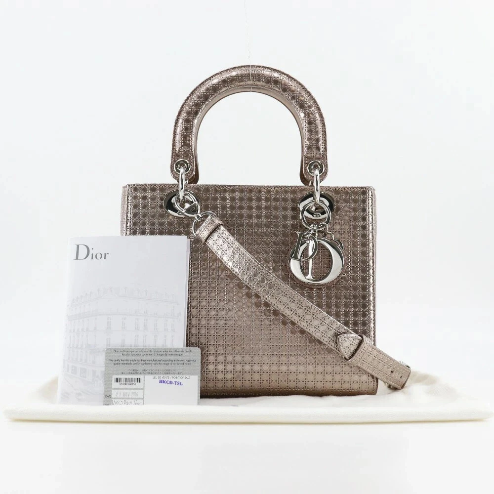 Sac à main Christian Dior Lady Dior moyen cannage rose or diagonale fermeture éclair 2 voies