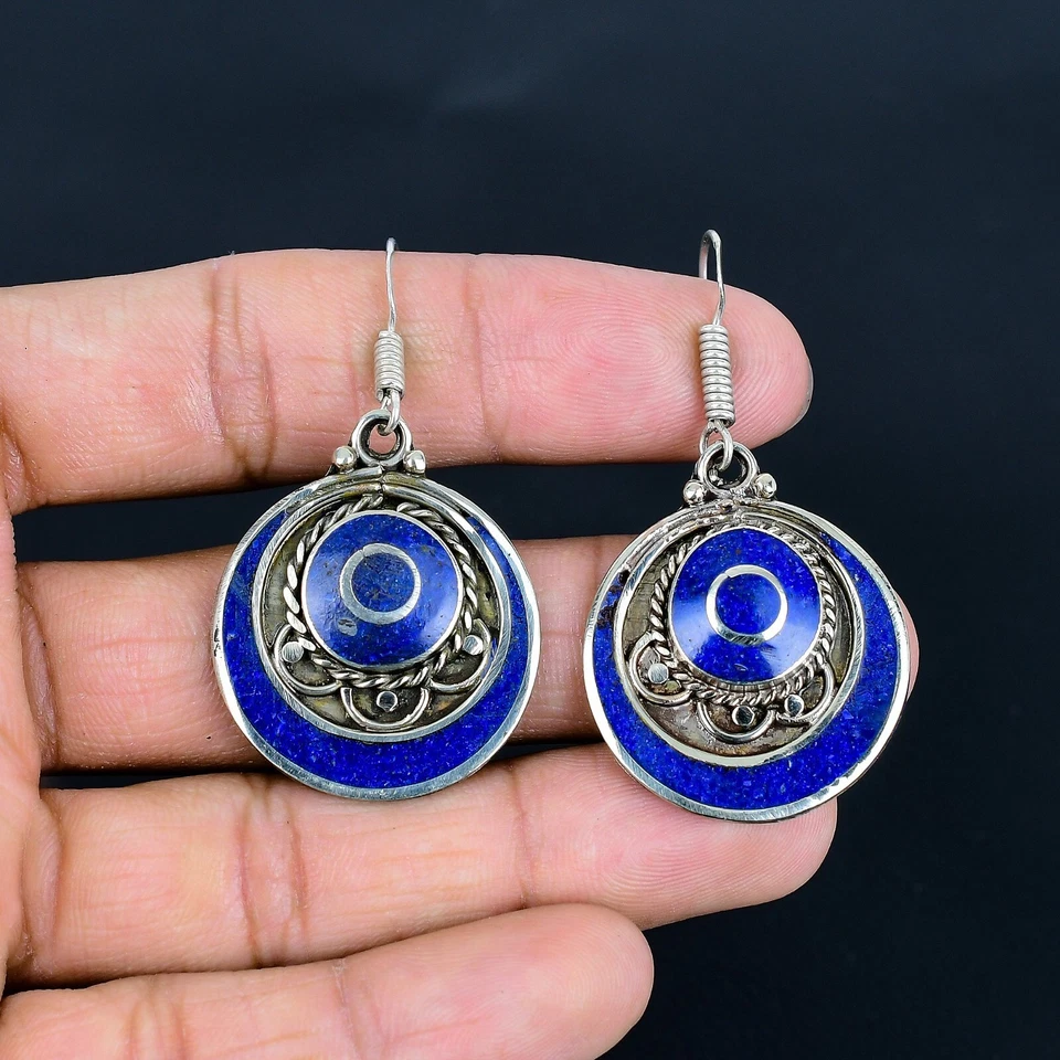 Orecchini Tibetani In Argento Sterling 925 Con Lapis Lazuli Per Regali D'Amore - Immagine 2 di 4