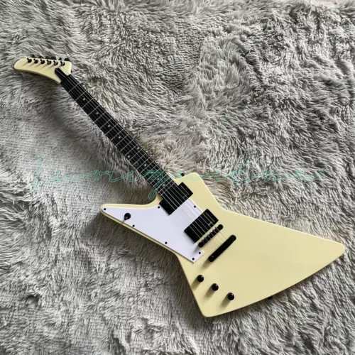 70's Explorer Left-handed Cream Electric Guitar Black Part HH Pickups Fast Ship