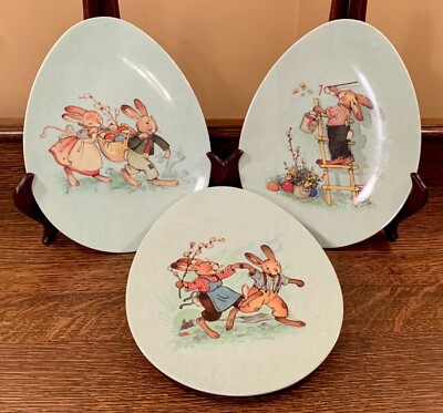 Lot Of 3 World Market Kids Easter Egg Shaped MELAMINE Plates: Bunny Rabbits Play