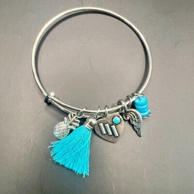 Alex and Ani Silver Bangle Bracelet Turquoise Pineapple Wing Charms Adjustable