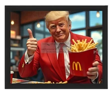 PRESIDENT DONALD TRUMP IN RED SUIT EATING McDONALDS FRIES 8X10 AI FRAMED PHOTO