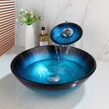 Blue Bathroom Vessel Sink Round Bowl Tempered Glass Washing Mixer Faucet Tap