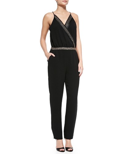Diane Von Furstenberg Caroline Embellished Surplice Top Jumpsuit In Black Sz 12 - Picture 2 of 18