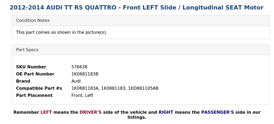 AUDI TT RS QUATTRO 2012-2014 - Motor asiento longitudinal delantero izquierdo extensión delantero izquierdo Foto 4 de 4